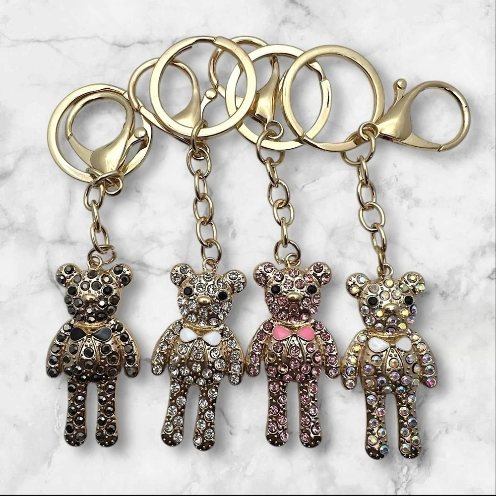 Gold Toned Coquette 2” Teddy Bear Keychain with Clear Rhinestones and Bow